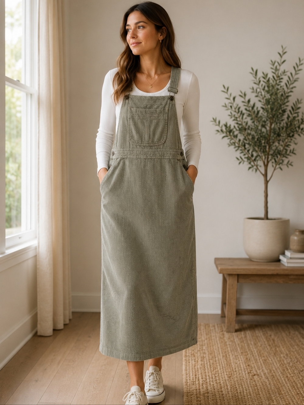 Eddie Bauer Vintage 90s Corduroy Pinafore Overall Dress XS Taupe Wide Wale